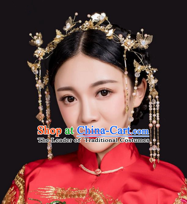 Aisan Chinese Handmade Classical Hair Accessories Golden Butterfly Phoenix Coronet Complete Set, China Xiuhe Suit Hairpins Wedding Headwear for Women
