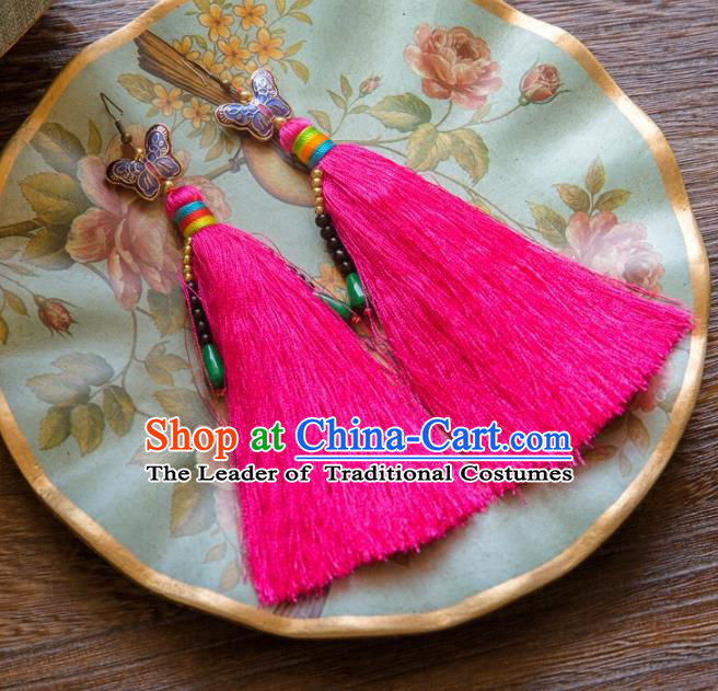 Chinese Handmade Classical Embroidery Butterfly Earrings, China Xiuhe Suit Wedding Rosy Tassel Eardrop for Women