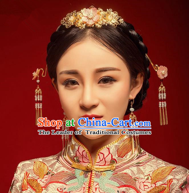 Chinese Handmade Classical Hair Accessories Pink Flower Phoenix Coronet Complete Set, China Xiuhe Suit Hairpins Wedding Headwear for Women