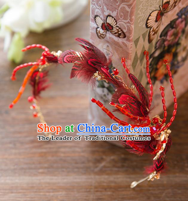 Top Grade Handmade Classical Hair Accessories Baroque Style Princess Red Feather Hair Clasp Headwear for Women