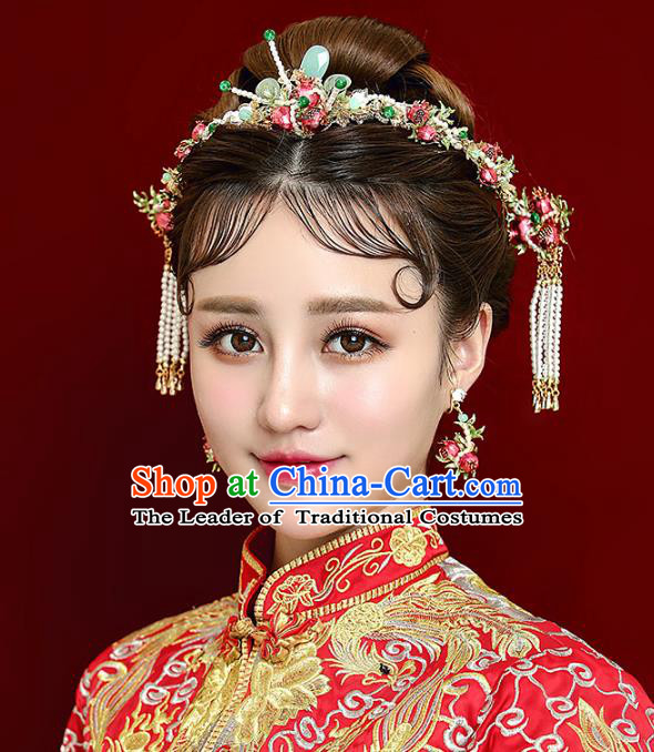 Chinese Handmade Classical Hair Accessories Pomegranate Hair Clasp Complete Set, China Xiuhe Suit Hairpins Wedding Headwear for Women