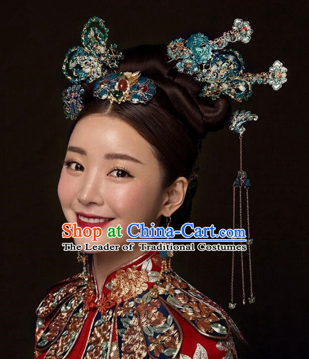 Chinese Handmade Classical Hair Accessories Cloisonne Butterfly Step Shake Complete Set, China Xiuhe Suit Tassel Hairpins Wedding Headwear for Women