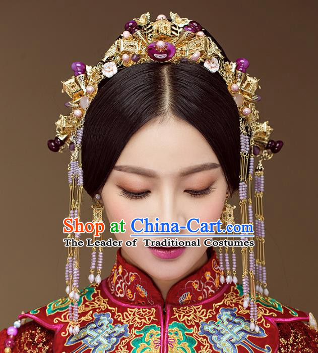 Chinese Handmade Classical Hair Accessories Complete Set Purple Jade Phoenix Coronet, China Xiuhe Suit Hairpins Wedding Headwear for Women