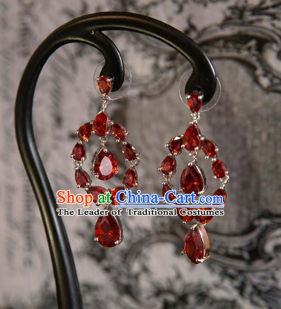 Top Grade Handmade Classical Hair Accessories Baroque Tassel Earrings, Princess Red Crystal Bride Eardrop for Women