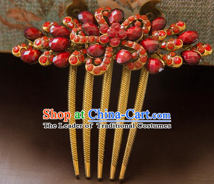 Aisan Chinese Handmade Classical Hair Accessories Bride Red Hair Comb, China Xiuhe Suit Hairpins Wedding Headwear for Women
