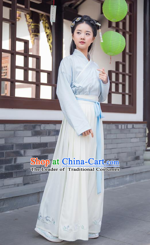 Traditional Asian Chinese Hanfu Costumes Han Dynasty Young Lady Embroidered Blouse and Slip Skirts Complete Set