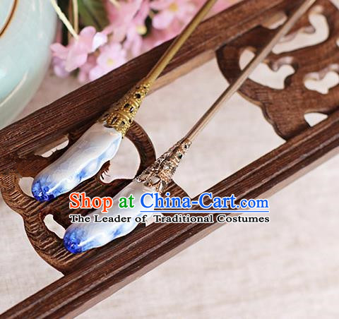 Chinese Handmade Classical Accessories Blue Ceramics Hairpin, China Hanfu Hair Clip for Women
