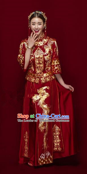 Traditional Ancient Chinese Costume Xiuhe Suits Chinese Style Wedding Red Embroidery Dragon and Phoenix Bride Clothing for Women