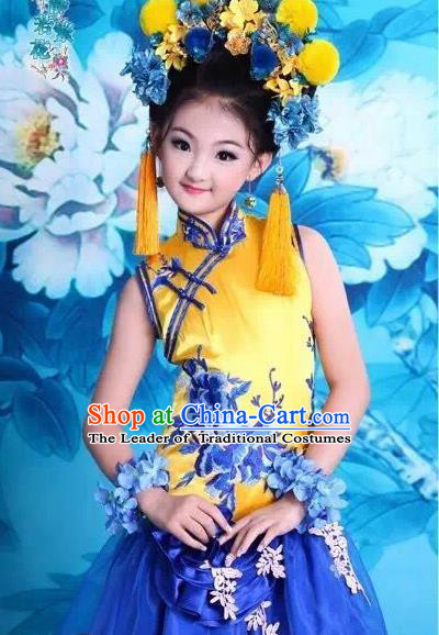 Traditional Ancient Chinese Imperial Consort Yellow Costume and Headpiece Complete Set, Chinese Qing Dynasty Manchu Lady Embroidered Clothing for Kids