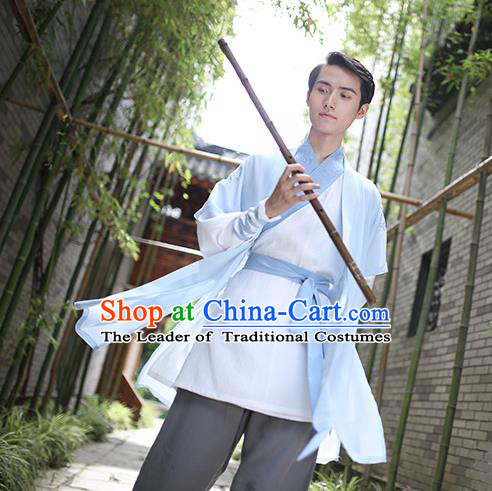 Traditional Chinese Hanfu Costumes Ancient Han Dynasty Swordsman Embroidery Blue Clothing Complete Set