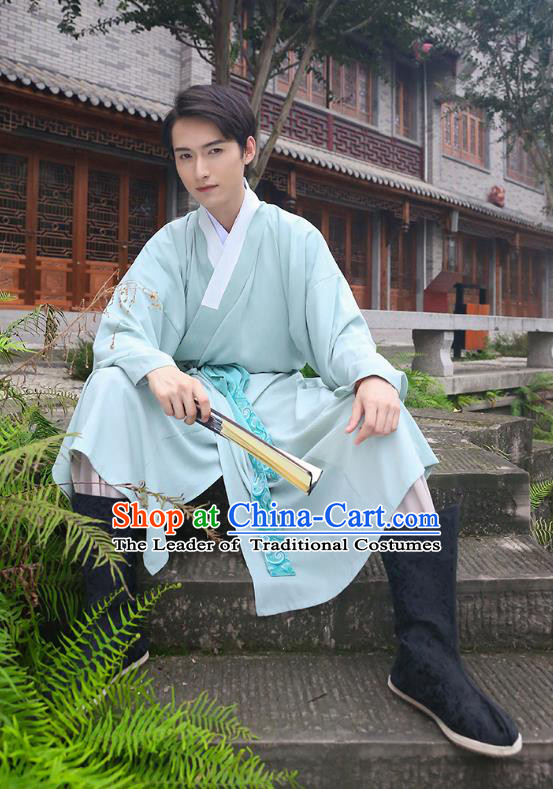 Traditional Chinese Ancient Costumes Asian China Ming Dynasty Swordsmen Embroidery Clothing Blue Long Robe for Men