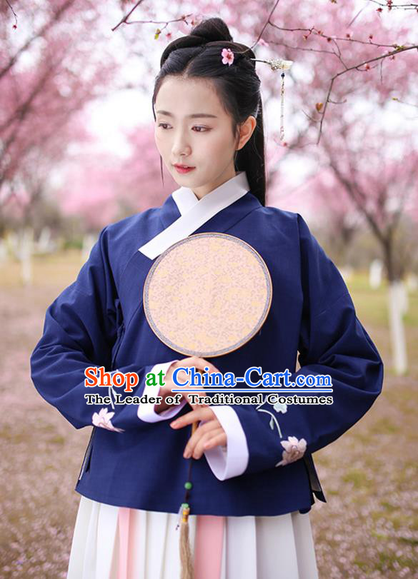 Traditional Chinese Ancient Hanfu Costumes, Asian China Ming Dynasty Young Lady Embroidery Navy Blouse for Women