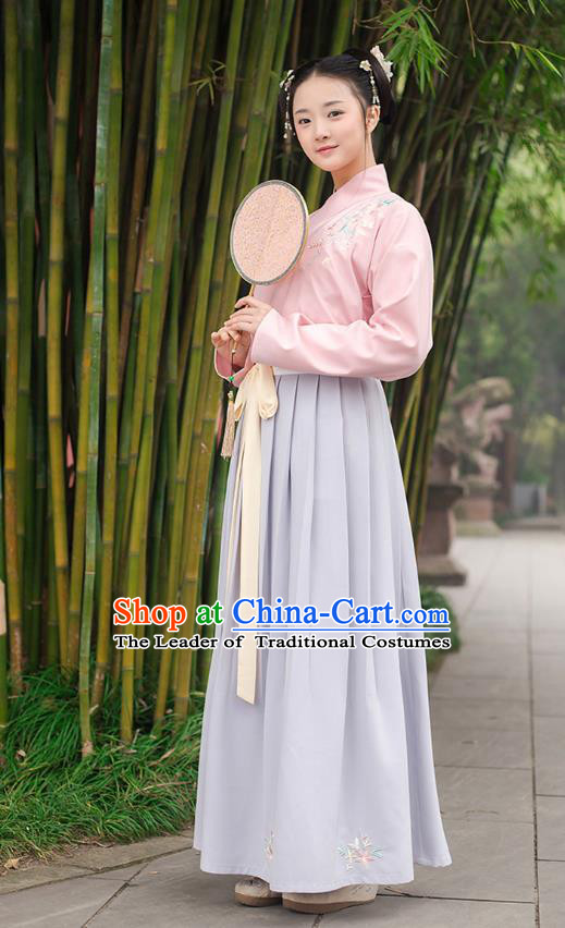 Ancient Chinese Palace Princess Hanfu Costume, Traditional China Ming Dynasty Young Lady Pink Embroidery Blouse and Blue Skirt Complete Set
