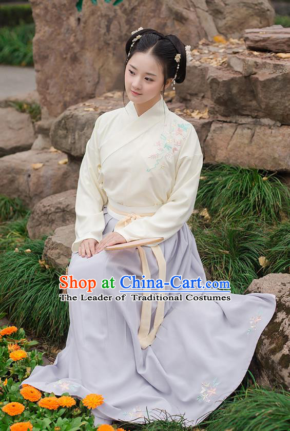 Ancient Chinese Palace Princess Hanfu Costume, Traditional China Ming Dynasty Young Lady Yellow Embroidery Blouse and Blue Skirt Complete Set