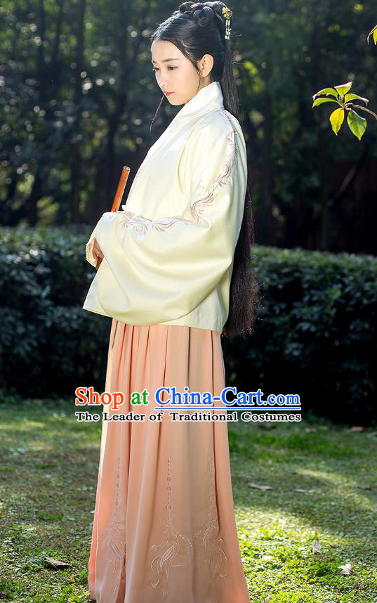 Traditional Chinese Ancient Costumes, Asian China Ming Dynasty Palace Lady Princess Clothing Embroidery Yellow Blouse and Pink Skirt Complete Set