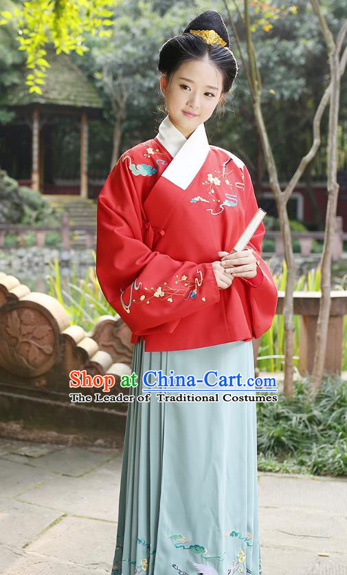 Ancient Chinese Palace Princess Hanfu Costume, Traditional China Ming Dynasty Palace Lady Red Embroidery Crane Blouse and Green Skirt Complete Set