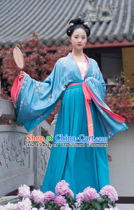 Traditional Chinese Ancient Hanfu Costumes, Asian China Tang Dynasty Palace Lady Princess Clothing Embroidery Blue Blouse and Skirt Complete Set