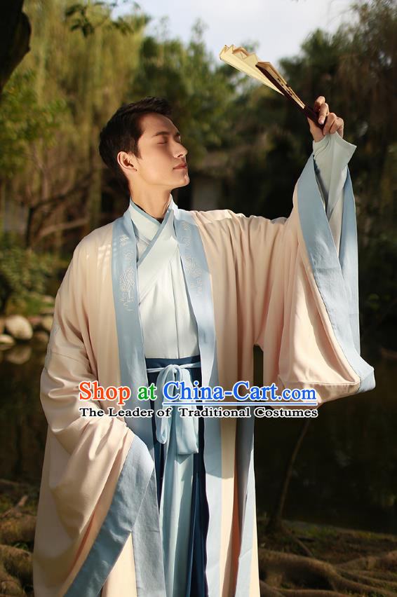 Ancient Chinese Scholar Hanfu Costume, Traditional China Jin Dynasty Embroidery Clothing Beige Long Cloak for Men