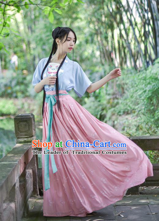 Ancient Chinese Royal Princess Hanfu Costume, Traditional China Song Dynasty Palace Lady Embroidery Blue Blouse and Pink Dress for Women