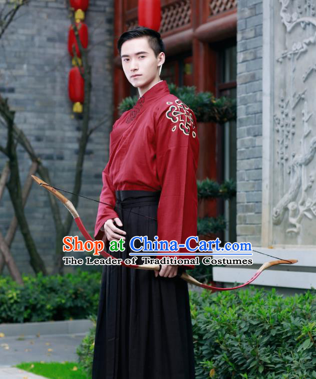 Traditional Chinese Ancient Hanfu Swordsman Costumes, Asian China Han Dynasty Kawaler Embroidery Clothing for Men