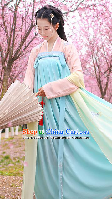 Traditional Chinese Ancient Hanfu Young Lady Costumes, Asian China Tang Dynasty Princess Embroidery Blue Slip Dress Clothing for Women
