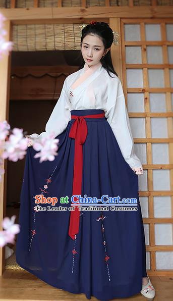 Traditional Chinese Ancient Young Lady Hanfu Costume, Asian China Song Dynasty Princess Embroidered Blouse and Navy Skirts for Women