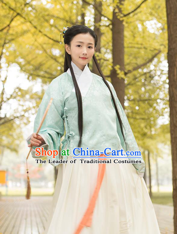 Traditional Chinese Ancient Young Lady Hanfu Costume, Asian China Ming Dynasty Princess Slant Opening Embroidered Green Blouse for Women