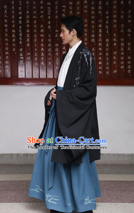 Traditional Chinese Ancient Hanfu Swordsman Costume, Asian China Han Dynasty Imperial Bodyguard Embroidered Black Cloak for Men