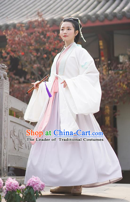 Traditional Chinese Ancient Hanfu Princess Costume, Asian China Han Dynasty Palace Lady Embroidered Crane White Cloak for Women