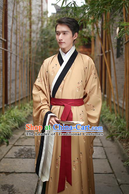 Traditional Chinese Ancient Hanfu Swordsman Costume, Asian China Han Dynasty Imperial Bodyguard Embroidered Yellow Long Robe for Men