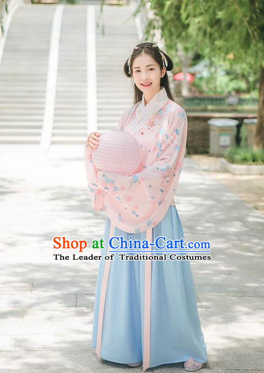Traditional Chinese Ancient Hanfu Costume Palace Lady Clothing, Asian China Ming Dynasty Embroidered Pink Blouse and Blue Skirts for Women