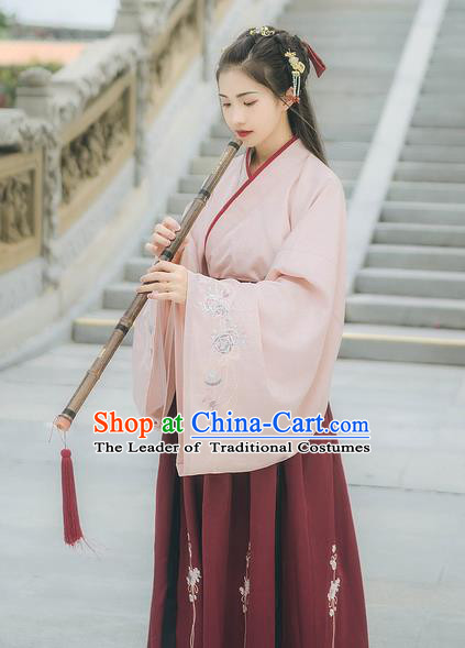 Traditional Chinese Ancient Hanfu Costume Palace Lady Clothing, Asian China Ming Dynasty Embroidered Pink Blouse for Women