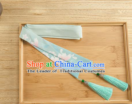 Traditional Chinese Ancient Hanfu Hair Accessories, Asian China Han Dynasty Princess Hair Clasp Printing Green Tassel Silk Headband