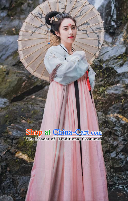 Traditional Chinese Ancient Palace Lady Costume, Asian China Tang Dynasty Princess Embroidered Pink Dress Clothing for Women