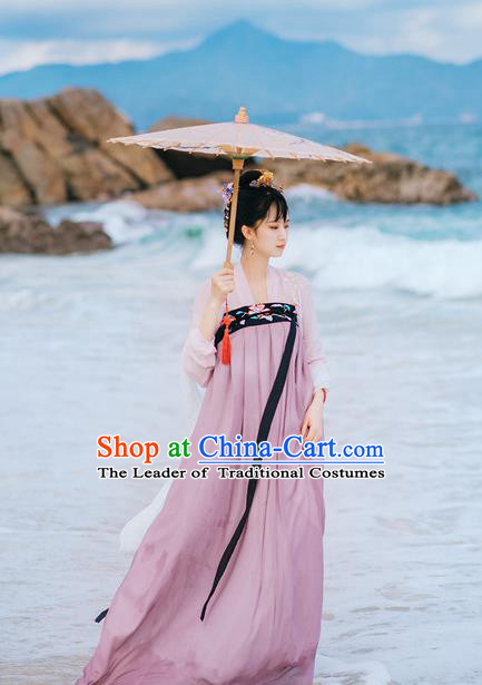 Traditional Chinese Ancient Palace Lady Costume, Asian China Tang Dynasty Princess Embroidered Blouse and Purple Slip Skirts for Women