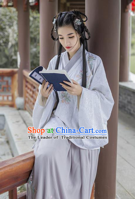 Traditional Chinese Ancient Palace Lady Costume, Asian China Ming Dynasty Princess Embroidered Purple Blouse and Slip Skirts for Women
