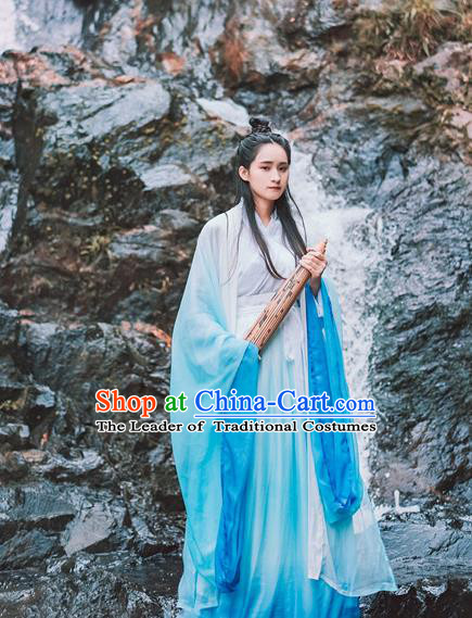 Traditional Chinese Ancient Palace Lady Costume, Asian China Jin Dynasty Princess Blue Dress for Women
