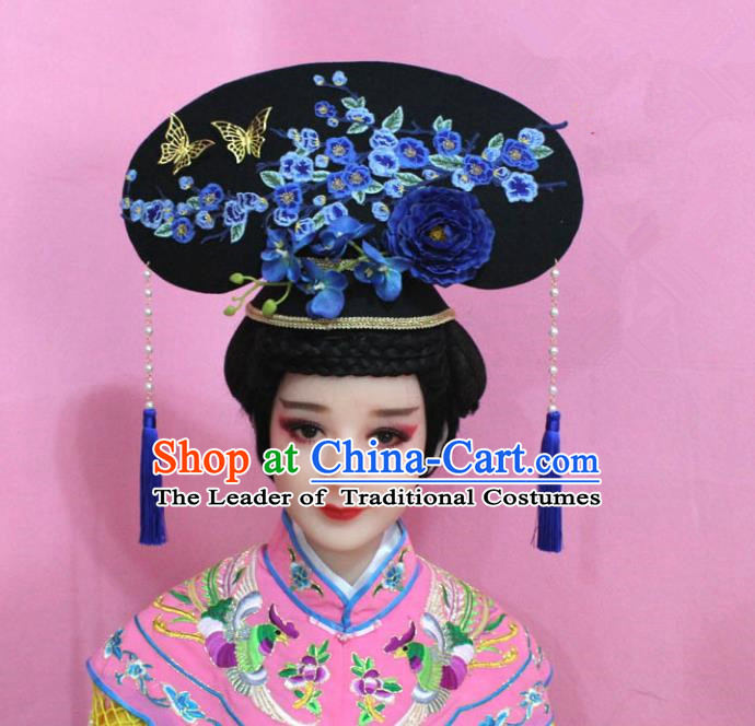 Traditional Handmade Chinese Hair Accessories Qing Dynasty Palace Lady Blue Plum Blossom Headwear, Manchu Imperial Concubine Hairpins for Women