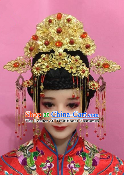 Traditional Handmade Chinese Hair Accessories Empress Golden Phoenix Coronet, China Xiuhe Suit Palace Lady Tassel Step Shake Hairpins for Women