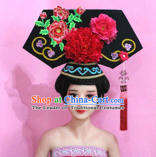 Traditional Handmade Chinese Hair Accessories Qing Dynasty Empress Banners Red Peony Headwear, Manchu Imperial Concubine Hairpins for Women