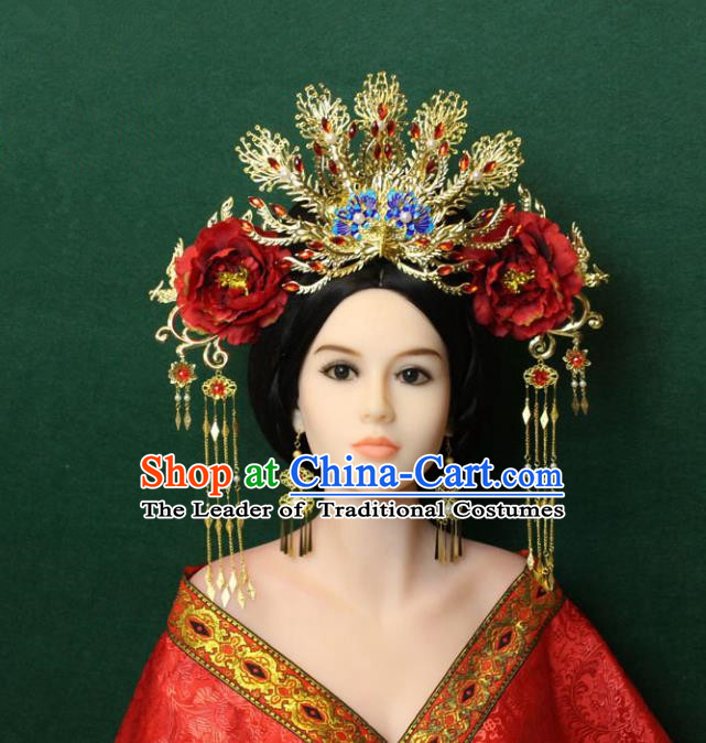 Traditional Handmade Chinese Hair Accessories Tang Dynasty Empress Red Peony Hairpins Complete Set, China Palace Phoenix Coronet Step Shake Headwear for Women