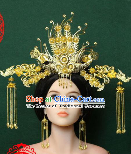 Traditional Handmade Chinese Hair Accessories Tang Dynasty Empress Tassel Hairpins Golden Phoenix Coronet, China Palace Lady Headwear for Women
