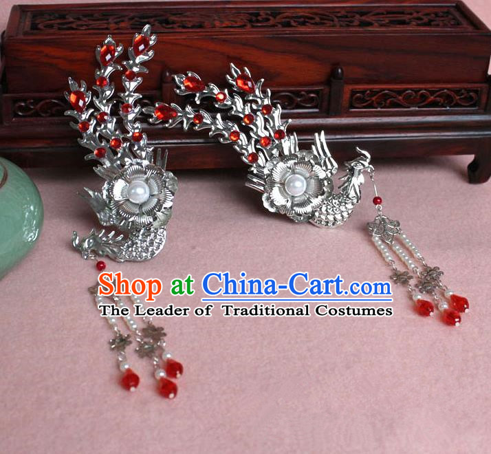 Traditional Handmade Chinese Hair Accessories Princess Red Phoenix Hairpins, Tang Dynasty Palace Lady Tassel Step Shake for Women