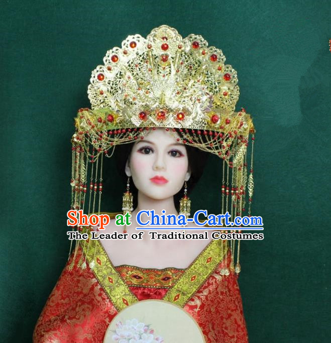 Traditional Handmade Chinese Hair Accessories Empress Wedding Tassel Phoenix Coronet, Han Dynasty Princess Hairpins Headwear for Women