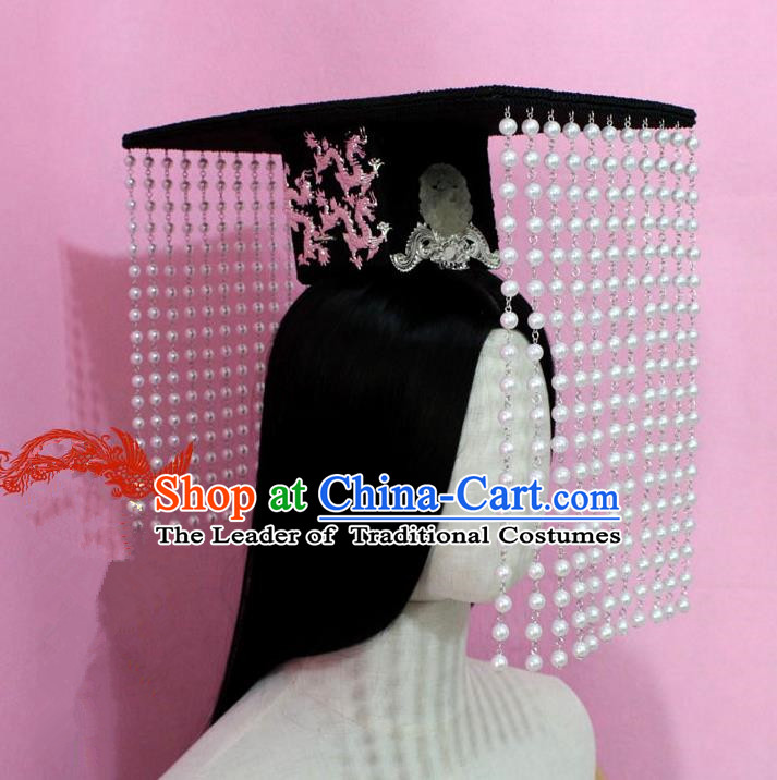 Traditional Handmade Chinese Hair Accessories Emperor Headwear, China Qin Dynasty Majesty Tassel Hats for Men