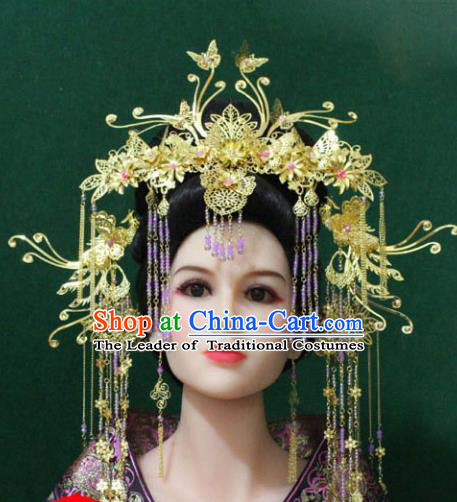 Traditional Handmade Chinese Hair Accessories Tang Dynasty Phoenix Coronet, Royal Princess Wedding Hairpins Complete Set for Women