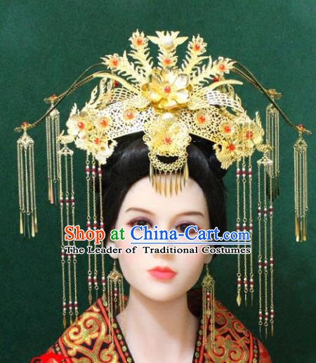 Traditional Handmade Chinese Hair Accessories Tang Dynasty Wedding Phoenix Coronet, Royal Princess Tassel Hairpins Complete Set for Women