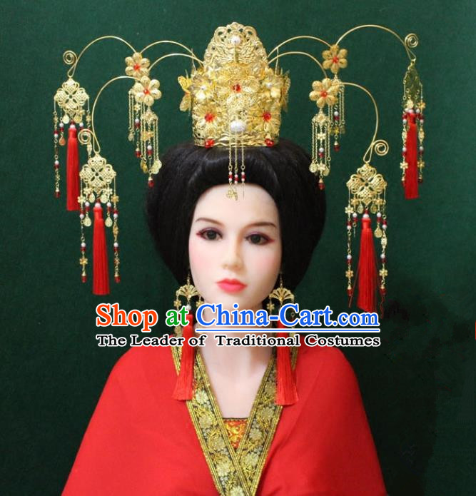 Traditional Handmade Chinese Hair Accessories Hanfu Empress Phoenix Coronet, Tang Dynasty Tassel Hairpins Headwear for Women