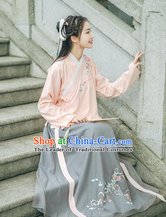 Traditional Chinese Ancient Hanfu Palace Lady Costume, Asian China Ming Dynasty Princess Embroidery Peach Blossom Blouse and Skirts Complete Set