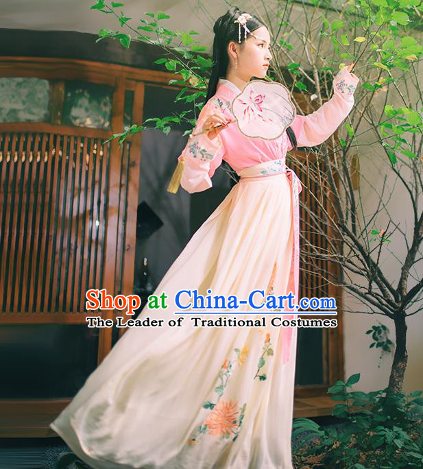 Asian China Han Dynasty Hanfu Costume Traditional Chinese Princess Embroidery Pink Dress Clothing Complete Set